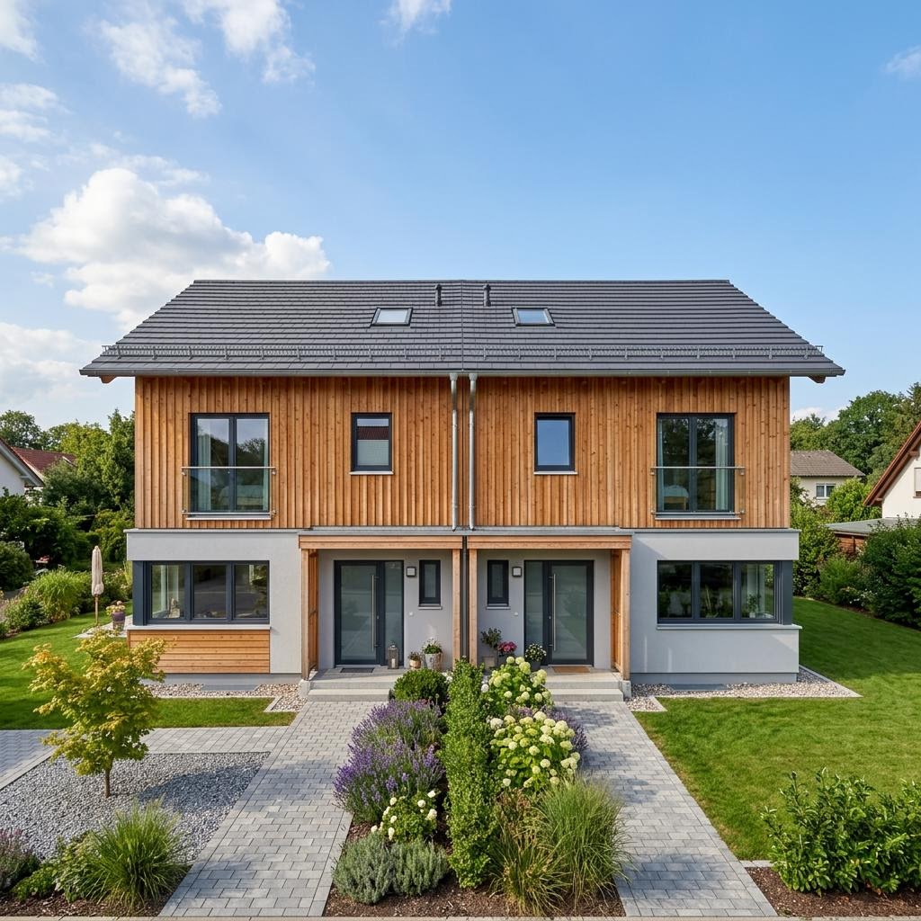 Doppelhaus Planungsbeispiel 118D10 von Bio-Solar-Haus — Holztafelbau mit rund 118 m²