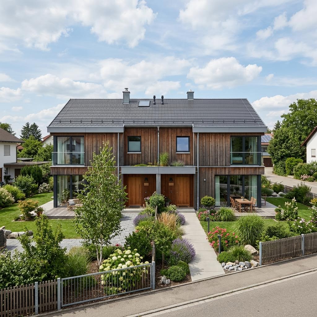 Doppelhaus Doppelhaus Erle 118 von Frammelsberger Holzhaus — Fertighaus in Holztafelbau mit rund 118 m²