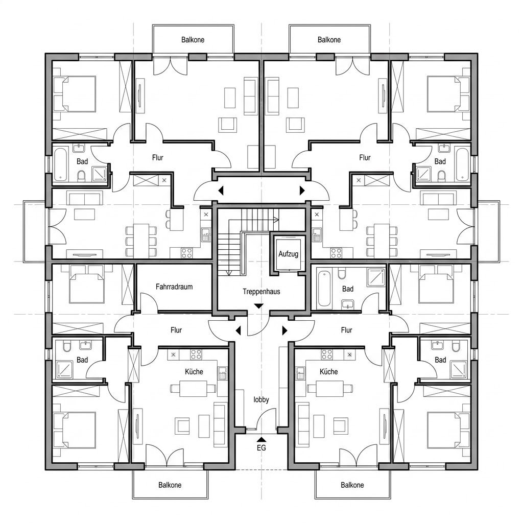 Grundriss Mehrfamilienhaus in Holzbauweise – 400 m² Mehrfamilienhaus mit 14 Zimmern