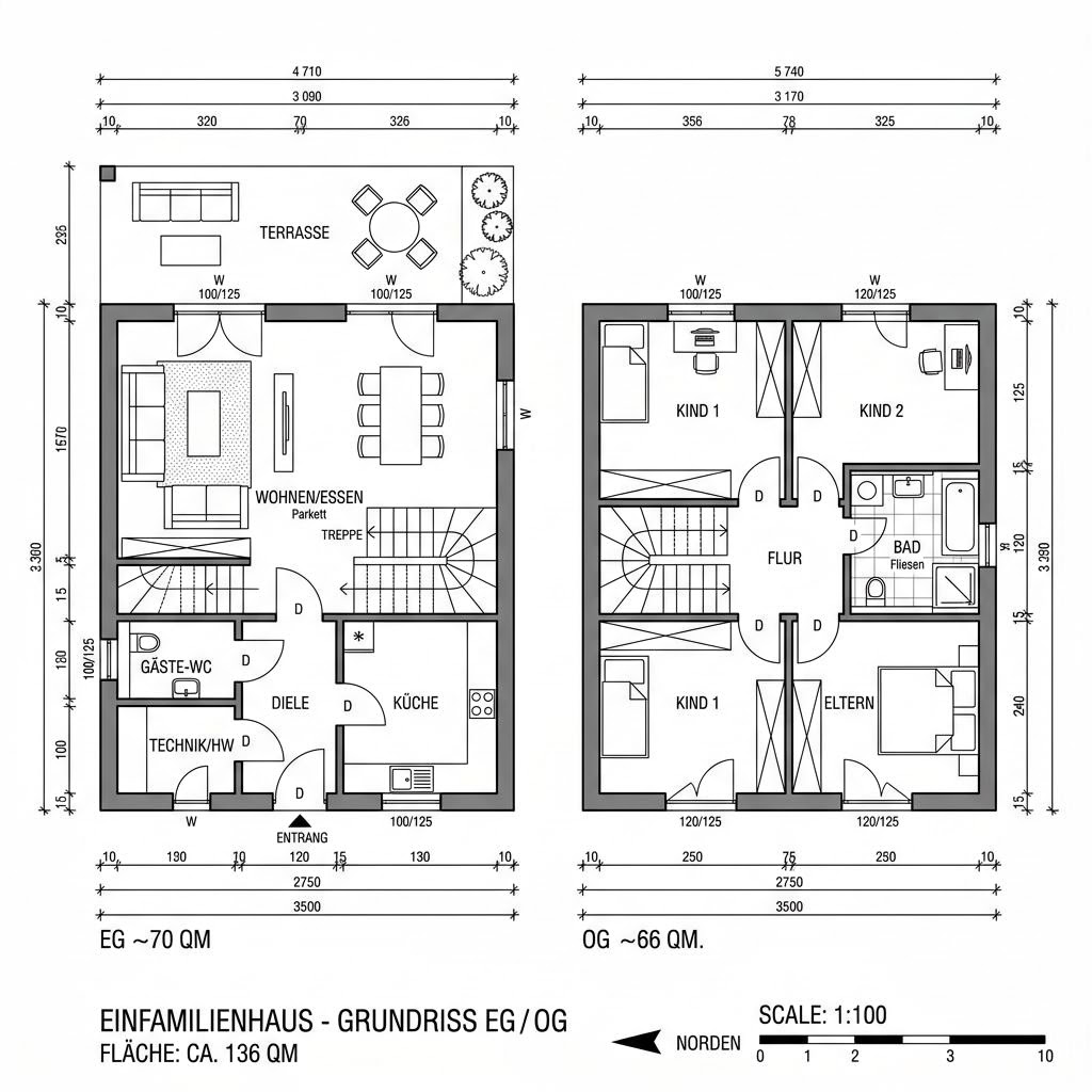 Grundriss Planungsbeispiel 136H30 von Bio-Solar-Haus — 136 m², 5 Zimmer