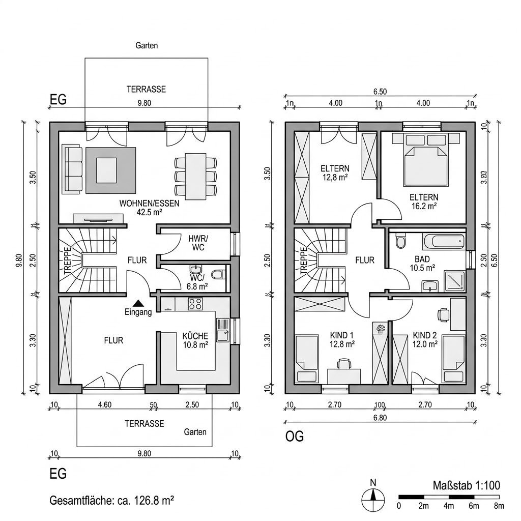 Grundriss Klassik Zwerch 126 von Büdenbender Hausbau — 126 m², 4 Zimmer