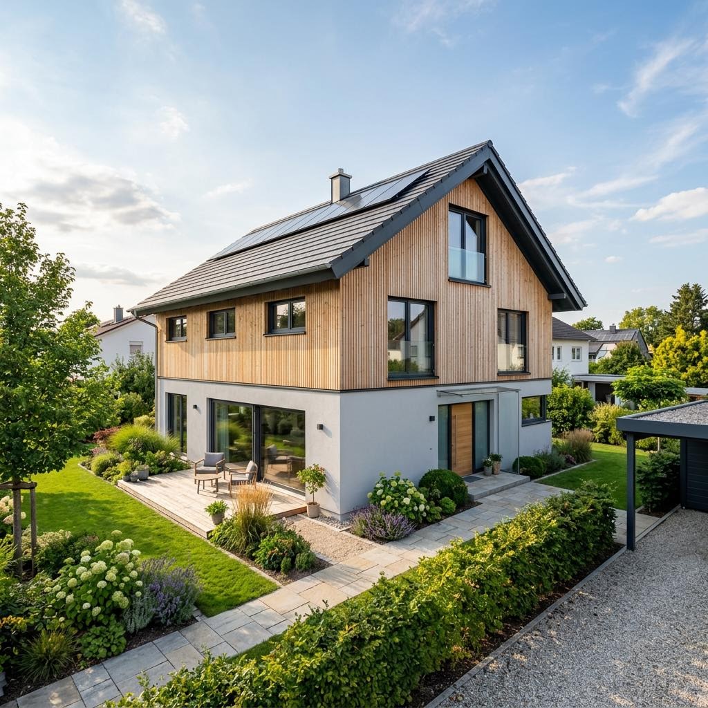 Einfamilienhaus Familienhaus Fichte 122 von Frammelsberger Holzhaus — Holzhaus mit Satteldach und 122 m²