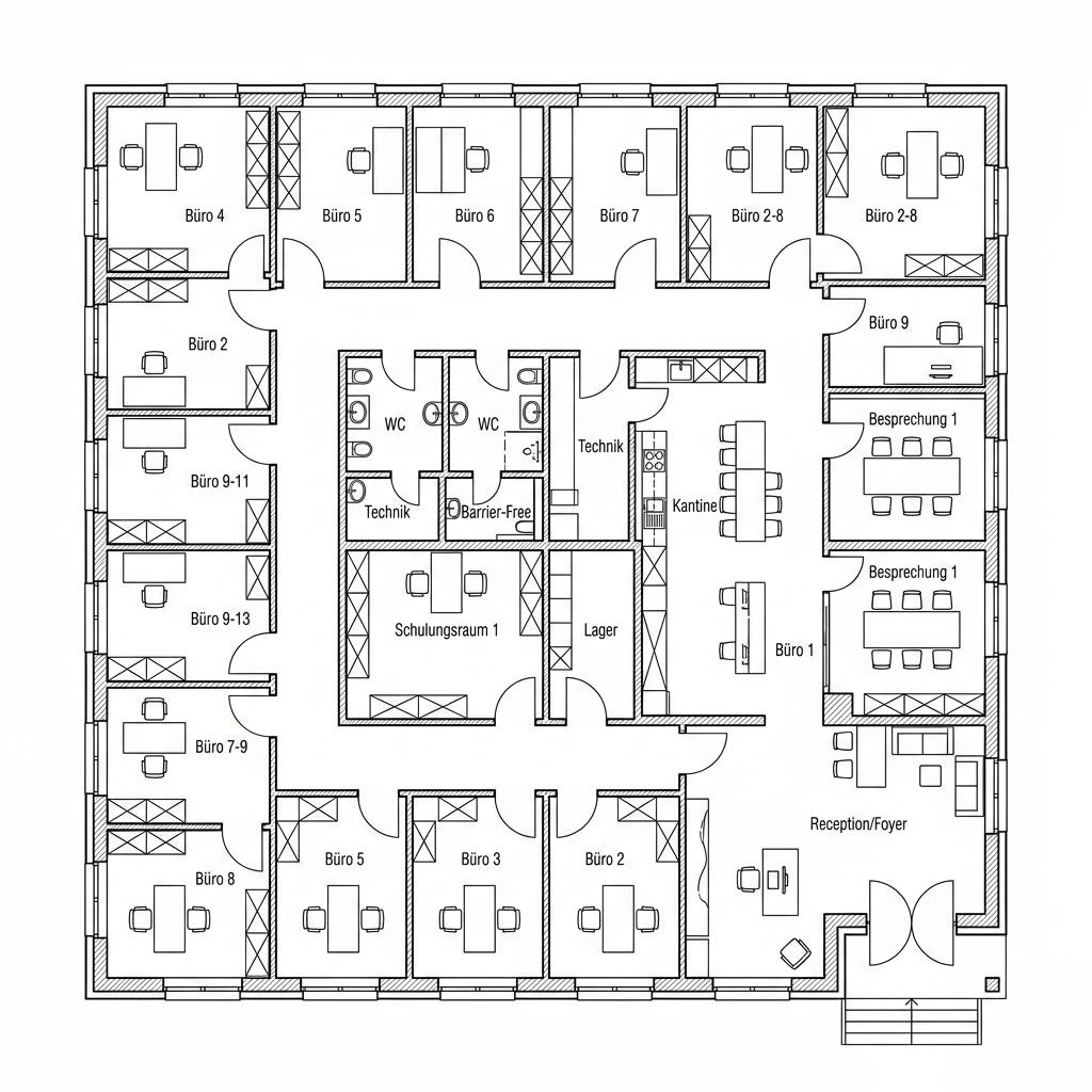 Grundriss Gewerbebau Bürogebäude – 550 m² Gewerbe mit 18 Zimmern
