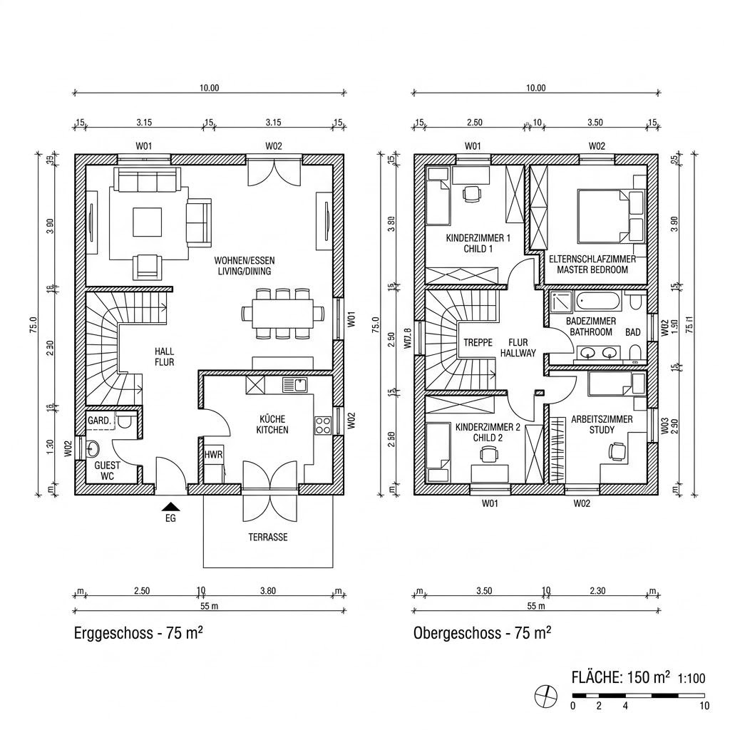 Grundriss Solitär Landhaus 150 – 150 m² Landhaus mit 5 Zimmern