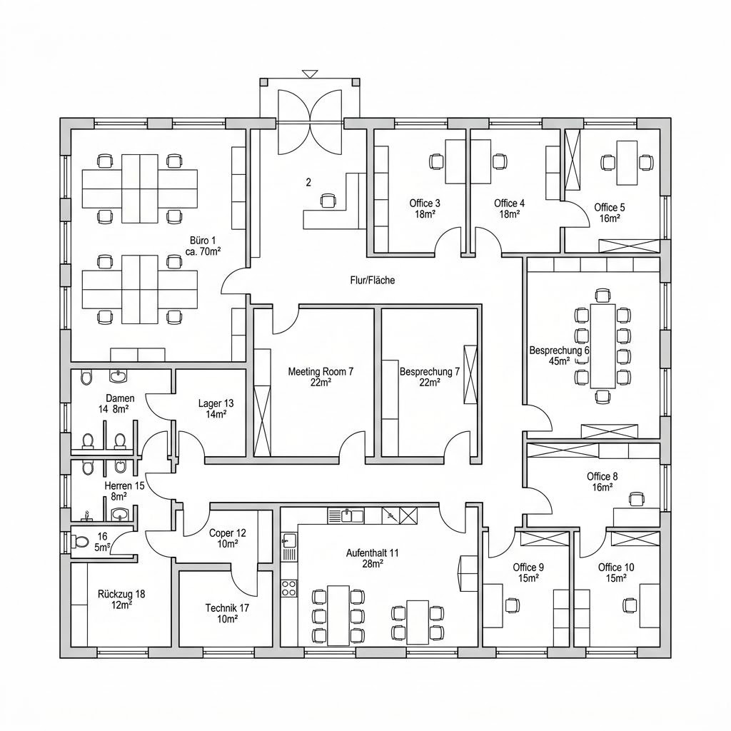 Grundriss Objektbau Bürogebäude in Holzbauweise – 500 m² Gewerbe mit 18 Zimmern