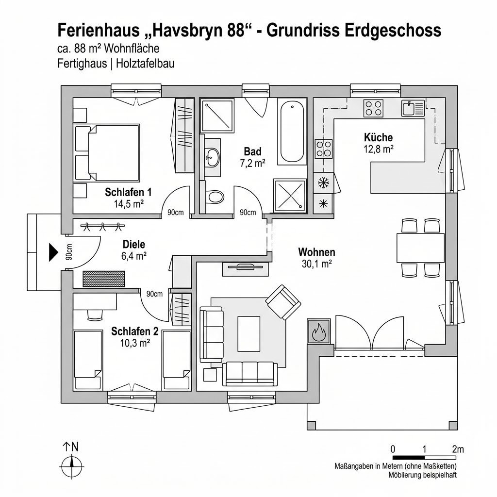 Grundriss Havsbryn 88 – 88 m² Ferienhaus mit 3 Zimmern
