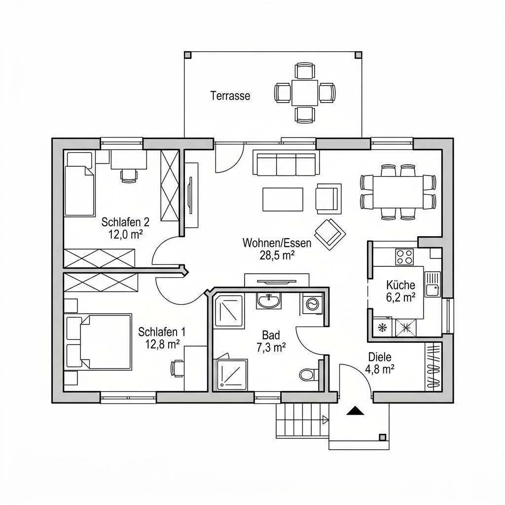 Grundriss Lindby 72 – 72 m² Ferienhaus mit 3 Zimmern
