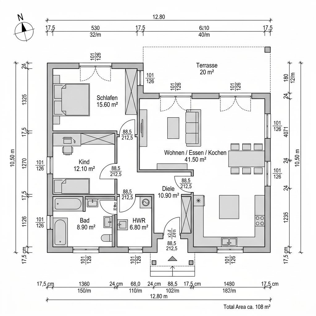 Grundriss Bungalow Walm 108 – 108 m² Bungalow mit 3 Zimmern