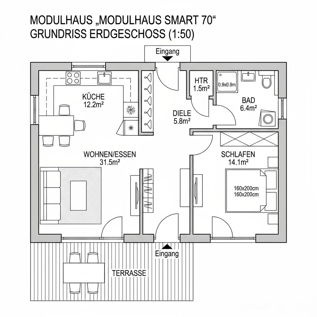 Grundriss Modulhaus smart 70 – 70 m² Modulhaus mit 3 Zimmern