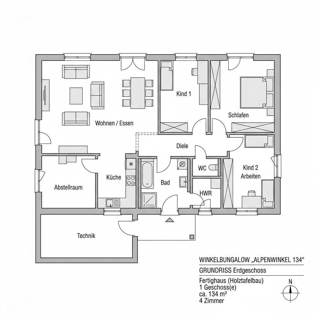Grundriss Winkelbungalow Alpenwinkel 134 – 134 m² Winkelbungalow mit 4 Zimmern