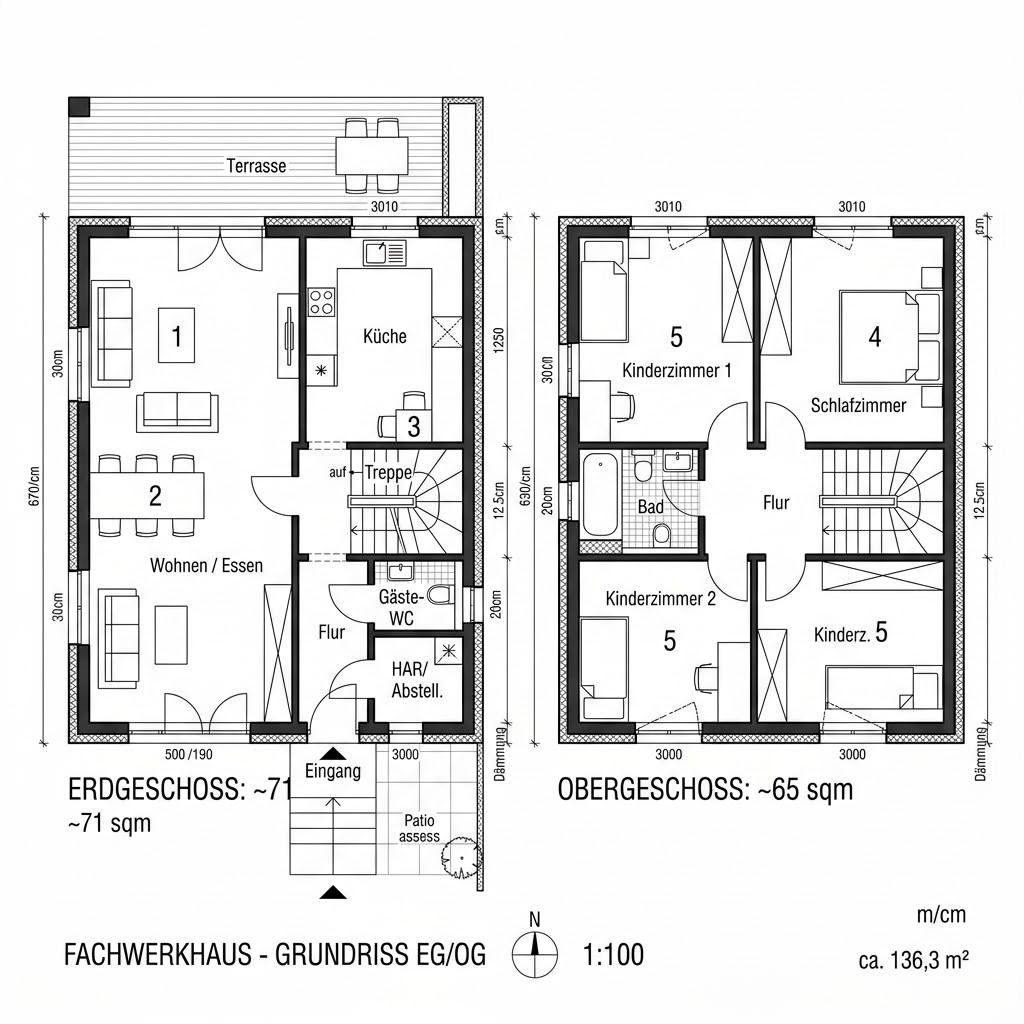 Grundriss Fachwerkhaus Reetdachkate 136 von Fuhrberger Fachwerkhaus — 136 m², 5 Zimmer