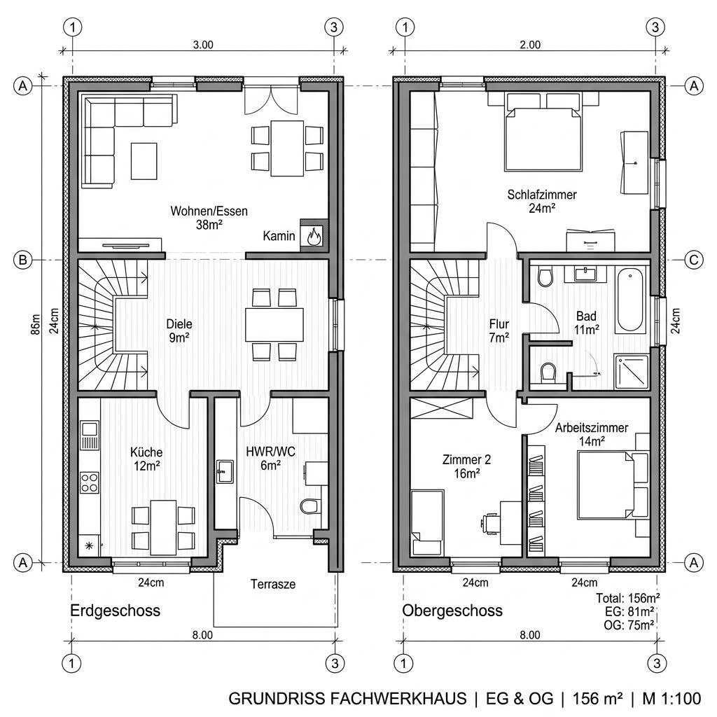 Grundriss Klassik 156 von KD-Haus — 156 m², 5 Zimmer