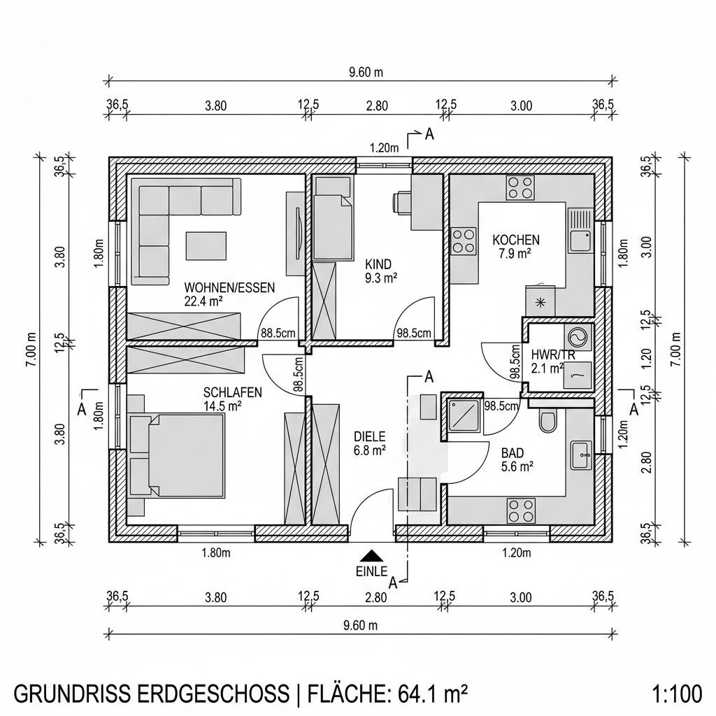 Grundriss Anbau Modul 64 – 64 m² Anbau / Aufstockung mit 3 Zimmern