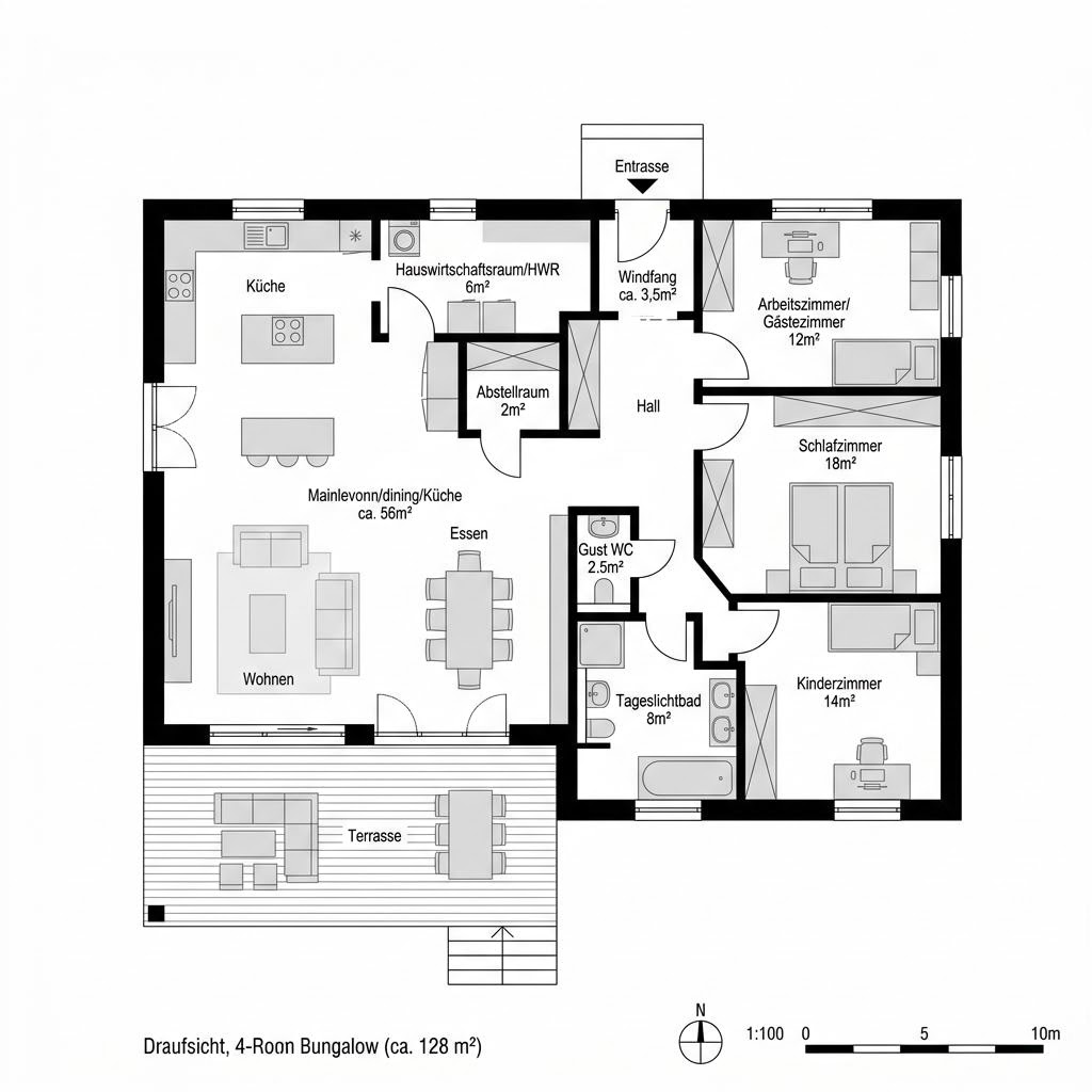 Grundriss VIO Bungalow 128 – 128 m² Bungalow mit 4 Zimmern