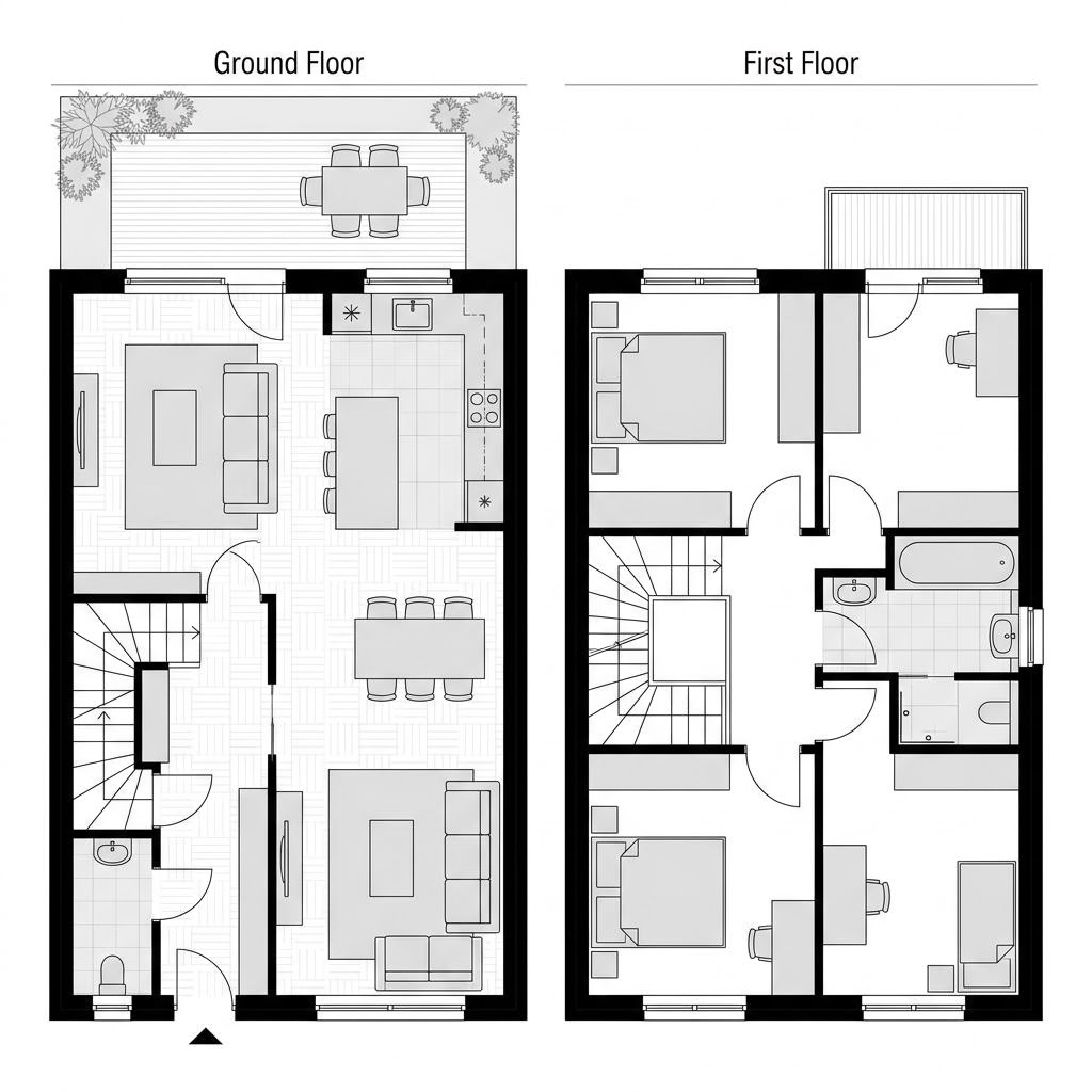 Grundriss Reihenmittelhaus Medley R120 – 120 m² Reihenhaus mit 4 Zimmern