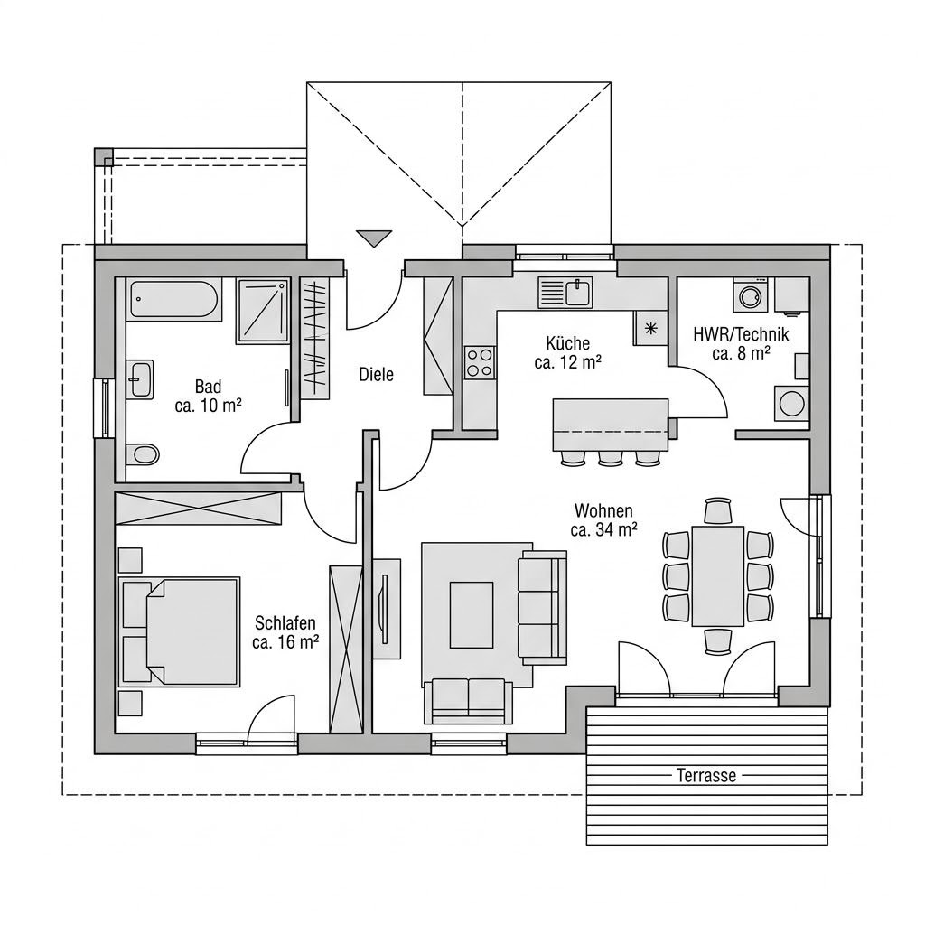 Grundriss Bungalow Waldkante 108 – 108 m² Bungalow mit 3 Zimmern
