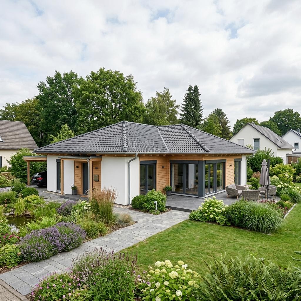 Winkelbungalow Waldwinkel 130 von Fingerhut Haus mit Zeltdach — individueller Holz-Winkelbungalow mit 130 m²