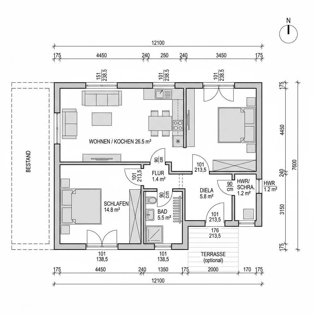 Grundriss Anbau Modul 54 von FischerHaus — 54 m², 2 Zimmer