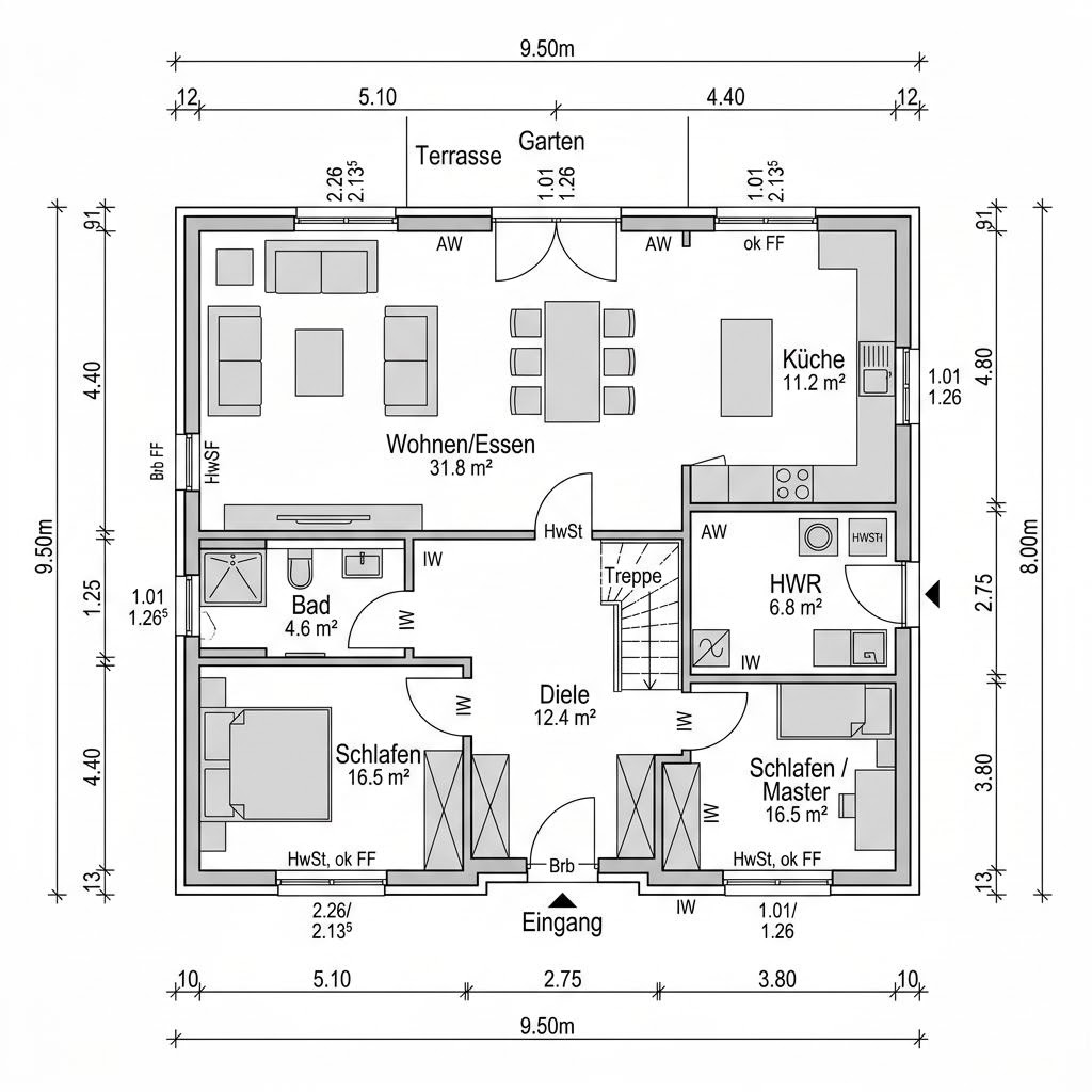 Grundriss Kapitänshaus Friesland 130 – 130 m² Kapitänshaus mit 5 Zimmern