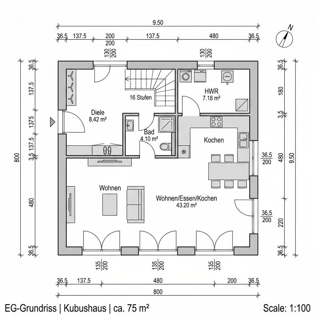 Grundriss Kubushaus Quadro 138 – 138 m² Kubushaus mit 4 Zimmern