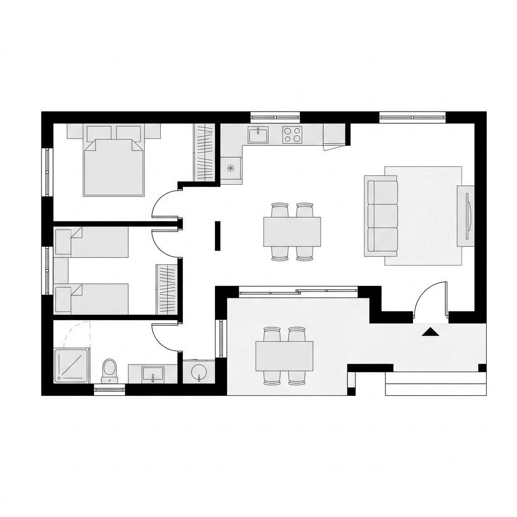 Grundriss Ferienhaus Skagen 72 von Fjorborg Holzhäuser — 72 m², 3 Zimmer