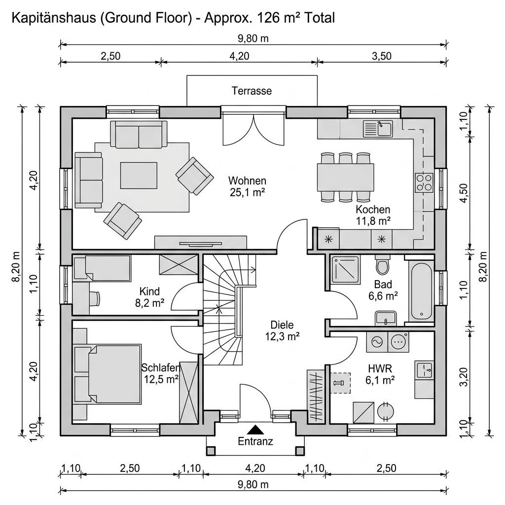 Grundriss Kapitänshaus Jever 126 – 126 m² Kapitänshaus mit 4 Zimmern