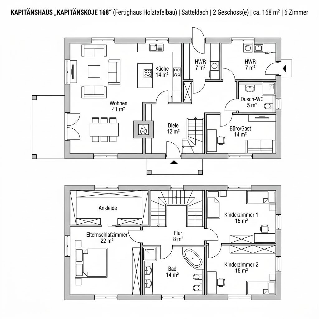 Grundriss Kapitänskoje 168 von Fjorborg Holzhäuser — 168 m², 6 Zimmer
