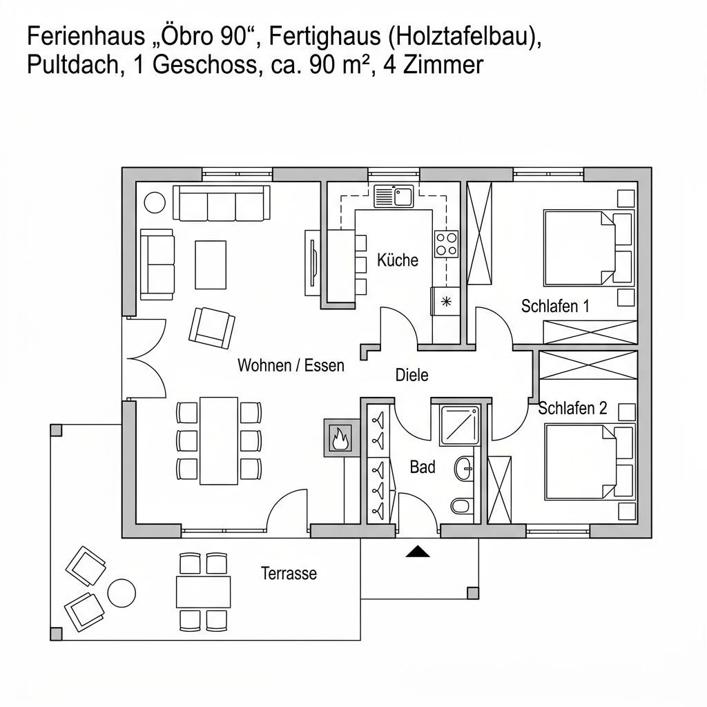 Grundriss Öbro 90 – 90 m² Ferienhaus mit 4 Zimmern