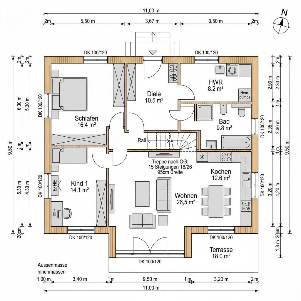 Grundriss Schwedenhaus Kalmar 136 von Fjorborg Holzhäuser — 136 m², 5 Zimmer