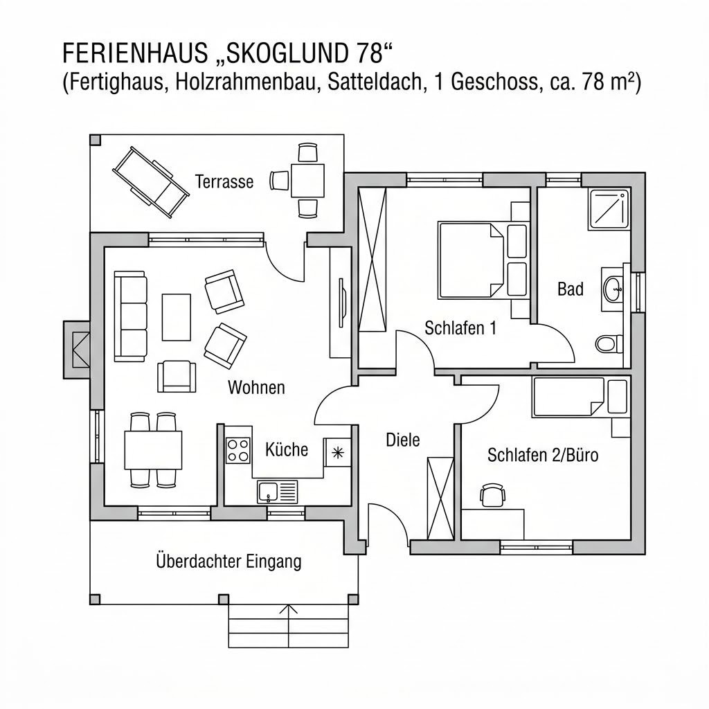 Grundriss Skoglund 78 – 78 m² Ferienhaus mit 3 Zimmern