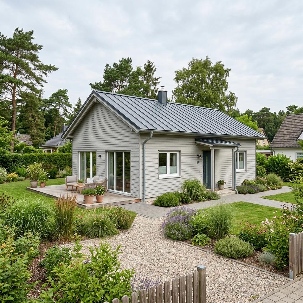 Ferienhaus Strand 80 der Nordic Ferienhaus Manufaktur mit heller Holzfassade und Satteldach