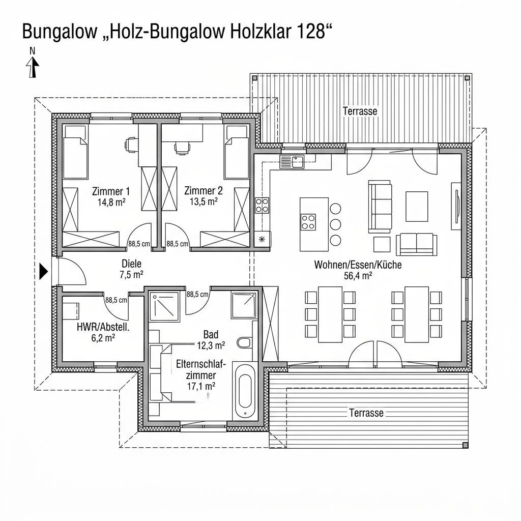 Grundriss Holz-Bungalow Holzklar 128 von Frammelsberger Holzhaus — 128 m², 4 Zimmer