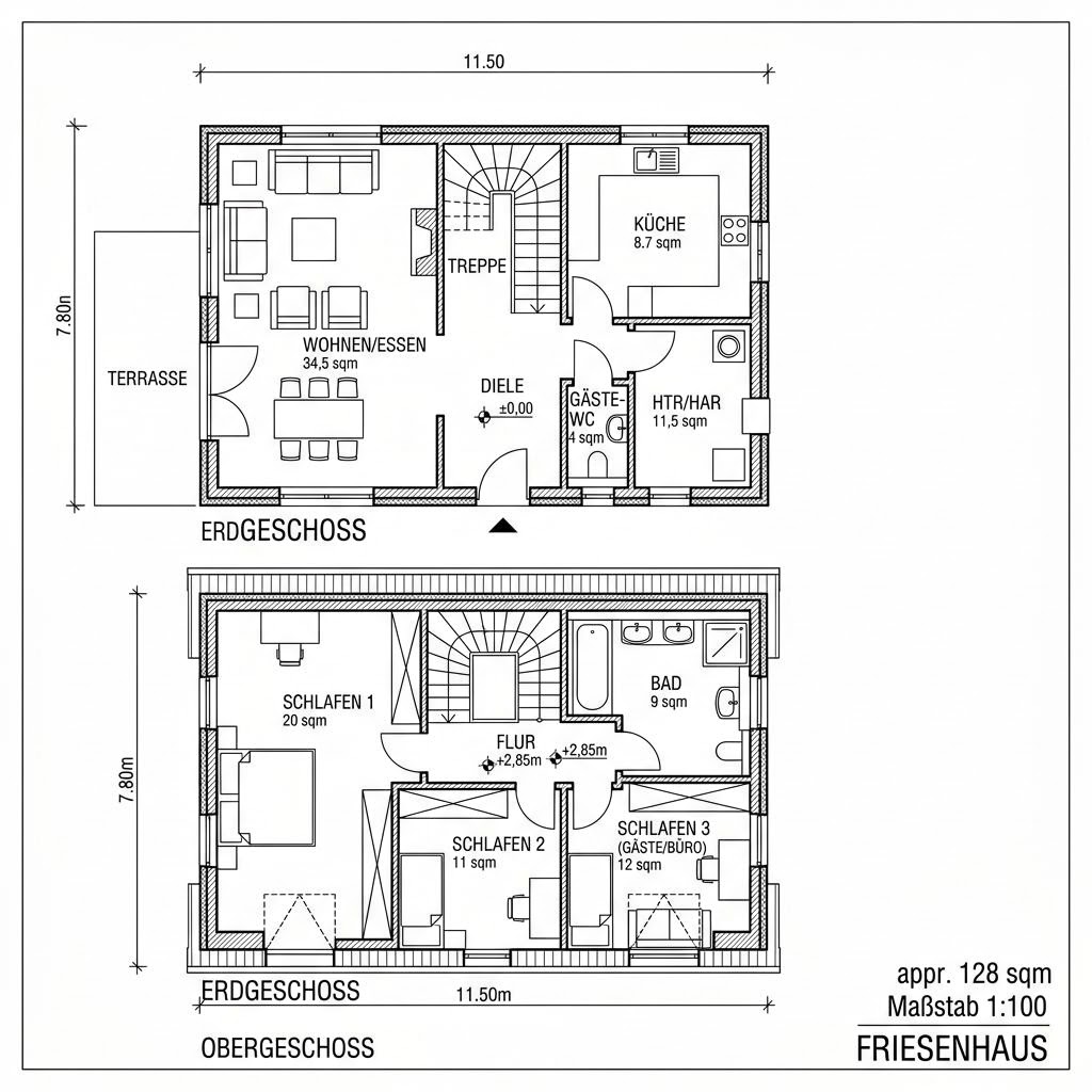 Grundriss Deichkrone 128 – 128 m² Friesenhaus mit 4 Zimmern