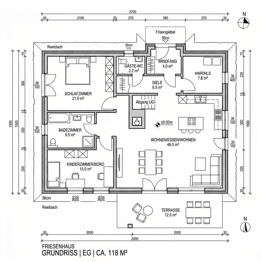 Grundriss Reetkate 118 – 118 m² Friesenhaus mit 3 Zimmern