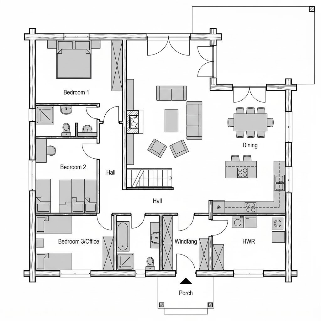 Grundriss Landhaus 142 – 142 m² Blockhaus mit 5 Zimmern