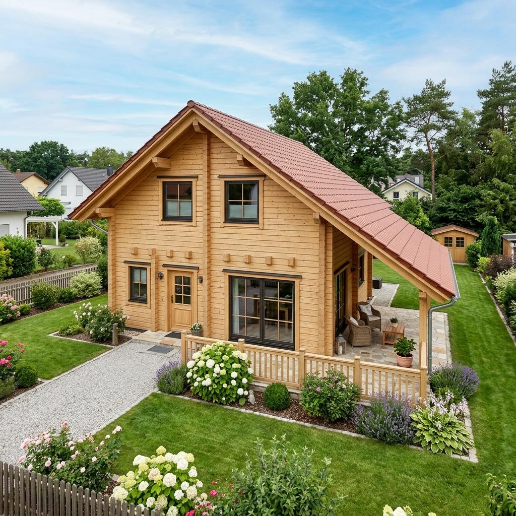 Blockhaus Harz 128 von Fullwood Wohnblockhaus mit Schleppdach über der Terrasse — Massivholzhaus mit 128 m²