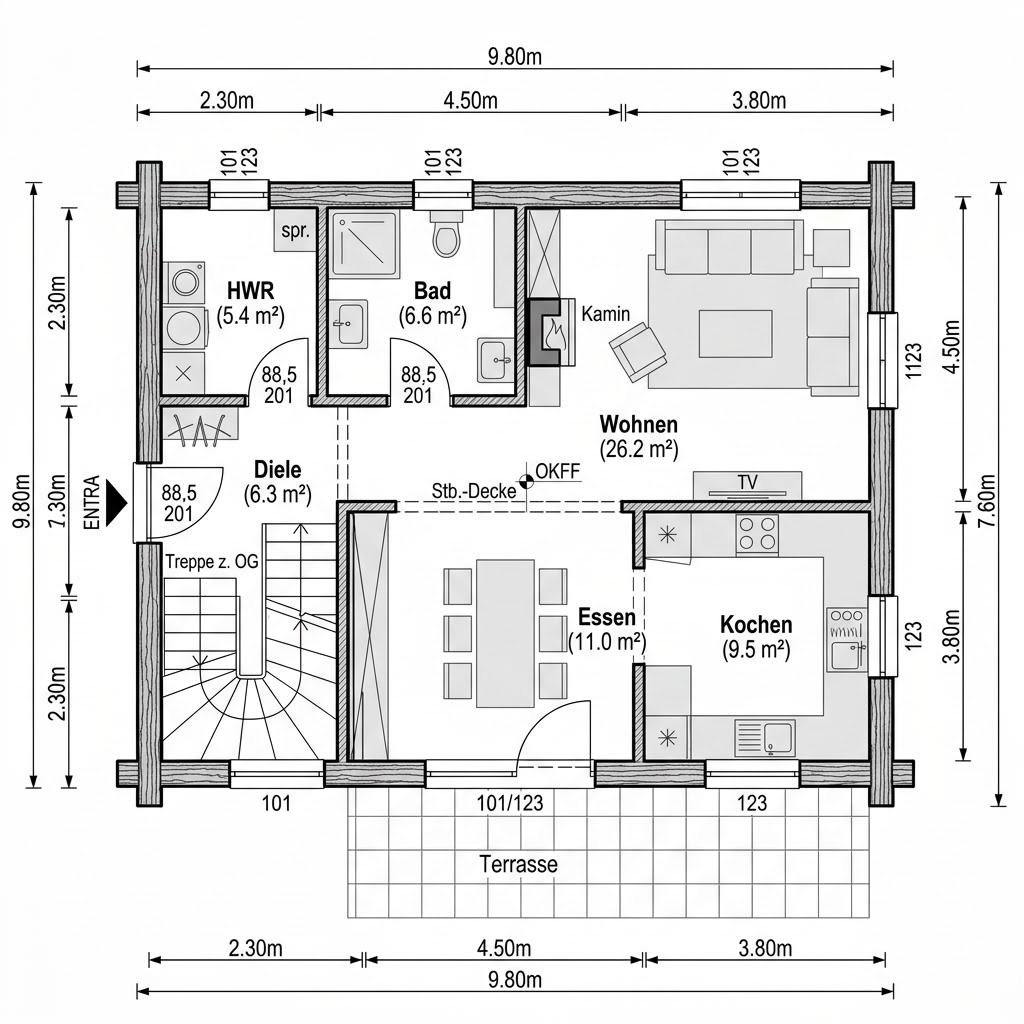 Grundriss Wohnblockhaus Harz 128 – 128 m² Blockhaus mit 5 Zimmern
