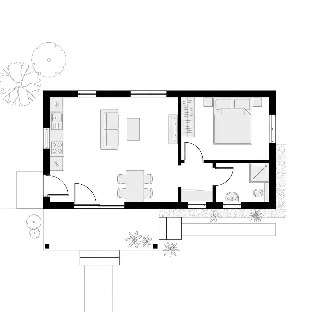 Grundriss Tiny House Cottage 38 – 38 m² Tiny House mit 2 Zimmern