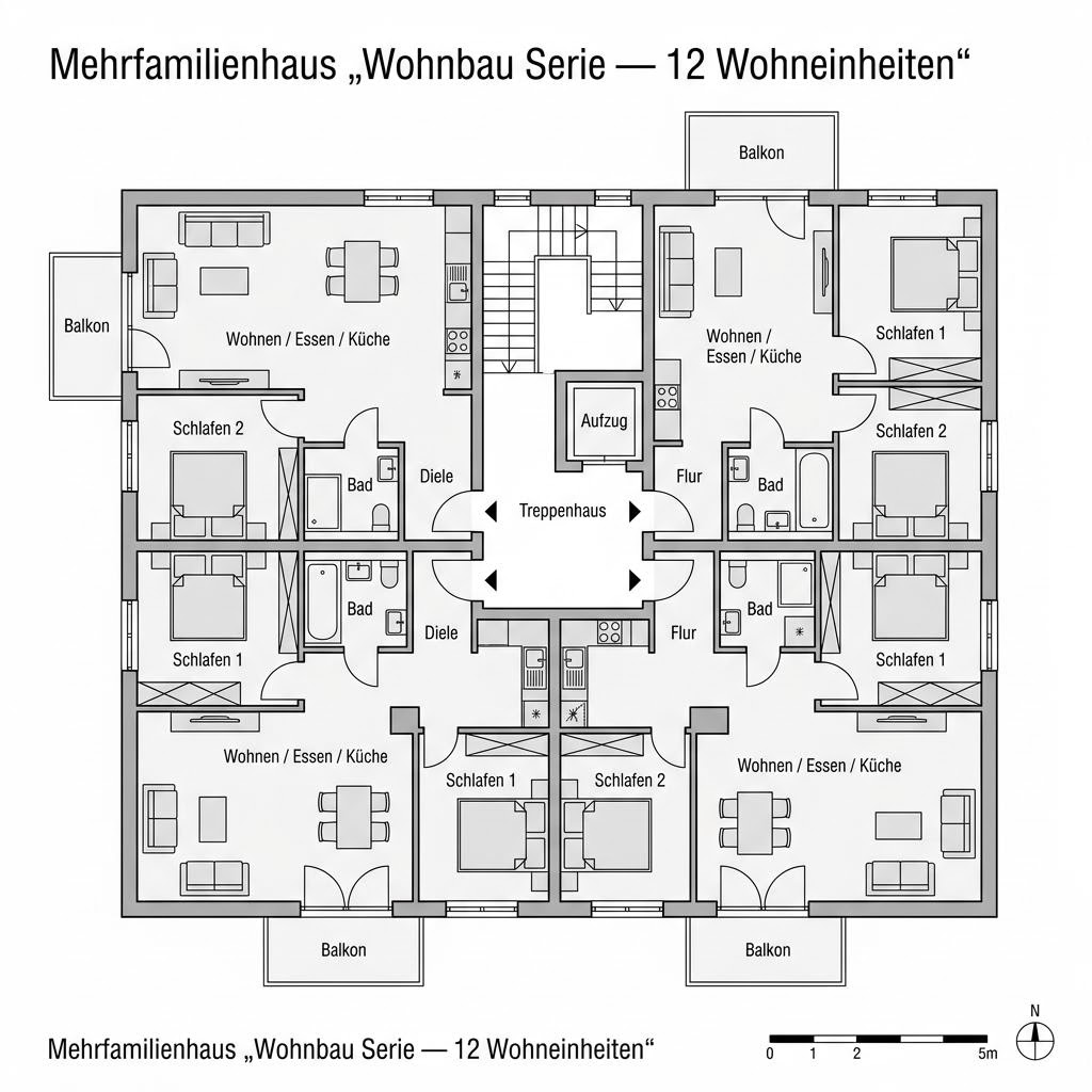 Grundriss Wohnbau Serie — 12 Wohneinheiten von GROPYUS — 900 m², 40 Zimmer