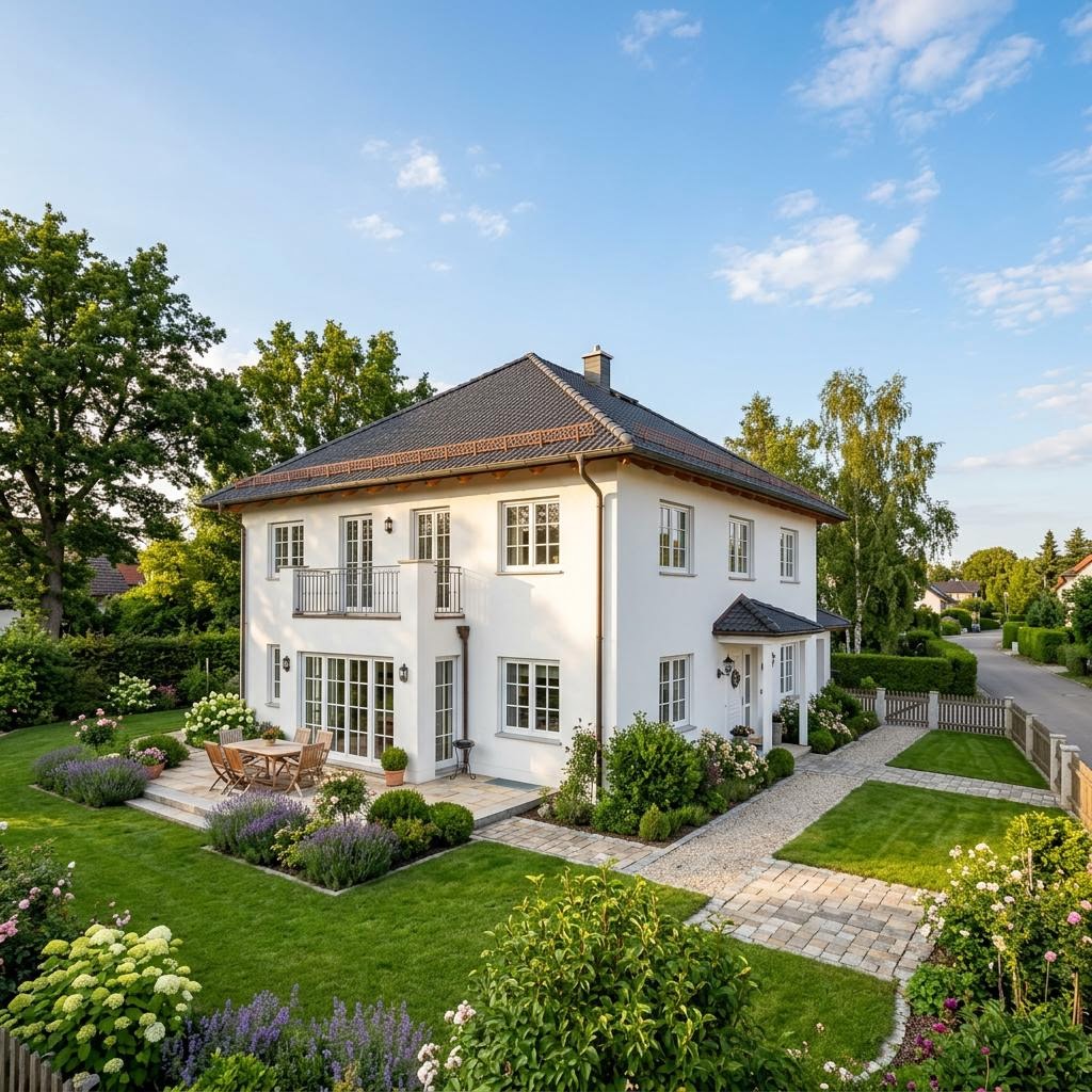 Landhaus Landhaus Wiesengrund von GUSSEK HAUS mit weißer Putzfassade und Sprossenfenstern