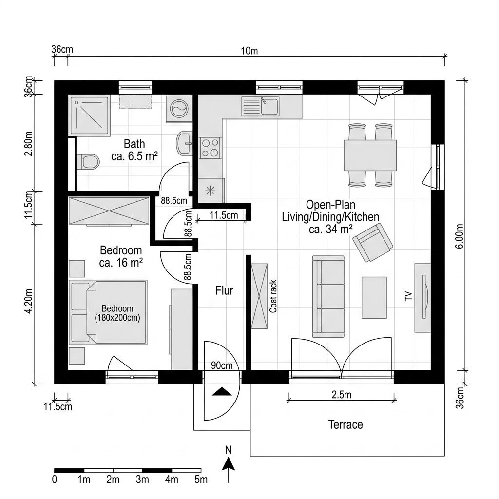 Grundriss Mini 64 – 64 m² Singlehaus mit 2 Zimmern