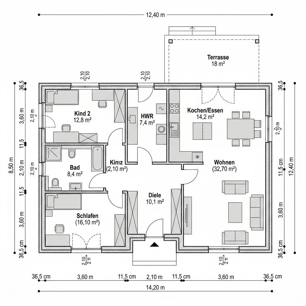 Grundriss Winkelbungalow Krüppel 124 von GUSSEK HAUS — 124 m², 4 Zimmer