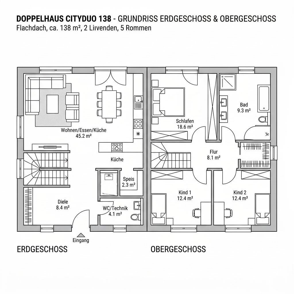 Grundriss Doppelhaus CityDuo 138 von Haas Fertigbau — 138 m², 5 Zimmer