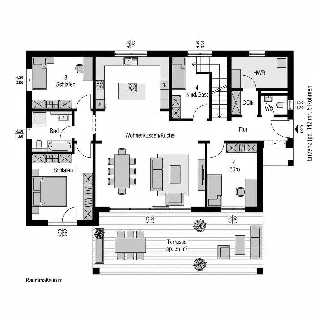 Grundriss Cube 142 – 142 m² Flachdachhaus mit 5 Zimmern