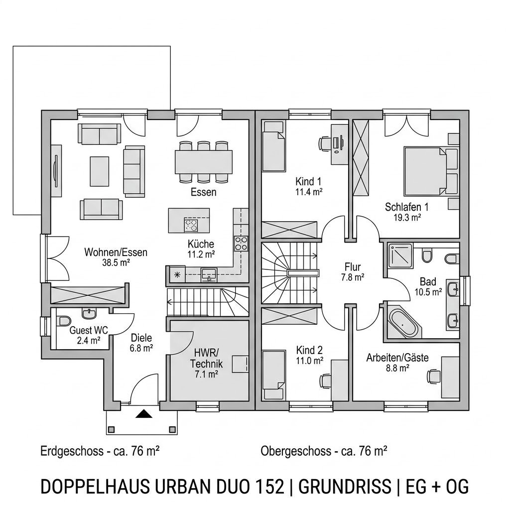 Grundriss Doppelhaus Urban Duo 152 von Hanse Haus — 152 m², 6 Zimmer