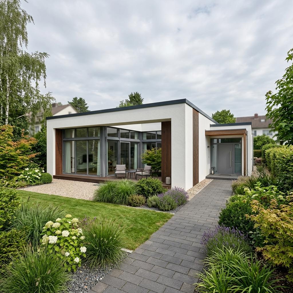 Bungalow-Grundrisse 150 qm – Beispiel ebenerdiger Neubau Bungalow-Grundrisse 150 qm: ebenerdiger Bungalow als Neubau, Beispielmotiv zur Wohnfläche