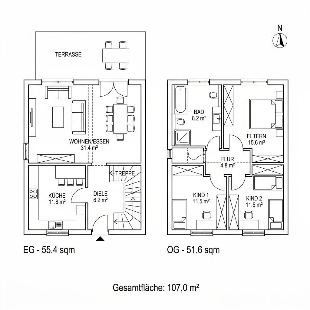 Grundriss Landhaus 107 von Isartaler Holzhaus — 107 m², 4 Zimmer