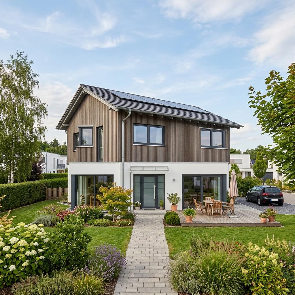 Holzhaus Solln von Isartaler Holzhaus — zweigeschossiges Familienhaus mit Satteldach