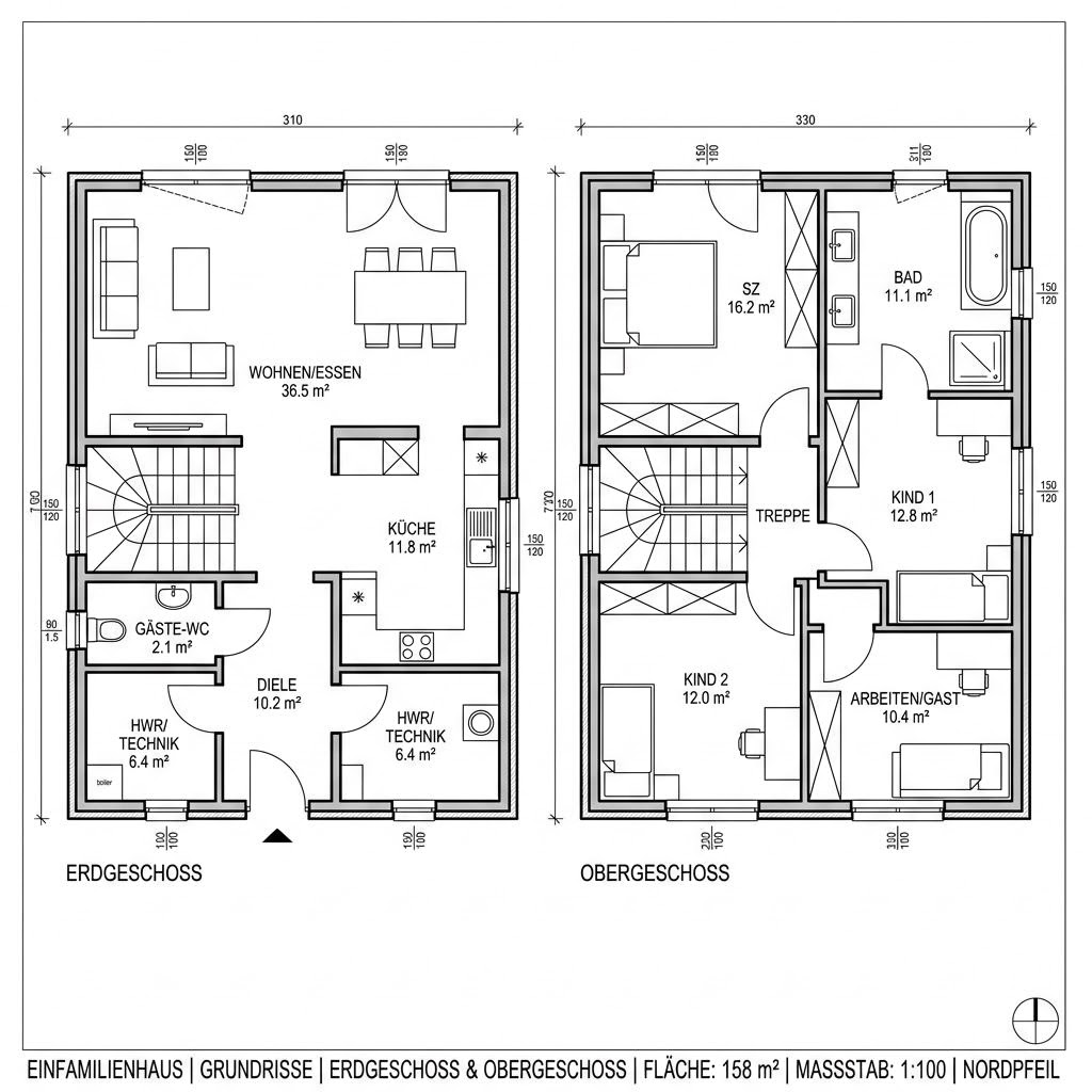 Grundriss Vollholzhaus Alm 158 von Petershaus — 158 m², 6 Zimmer