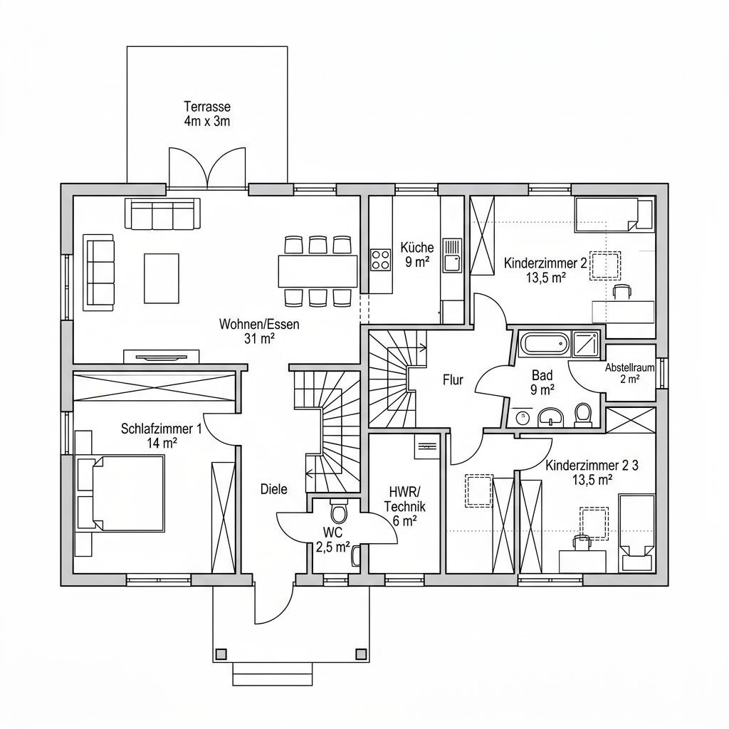Grundriss SH 124 Variante A – 124 m² Schwedenhaus mit 4 Zimmern